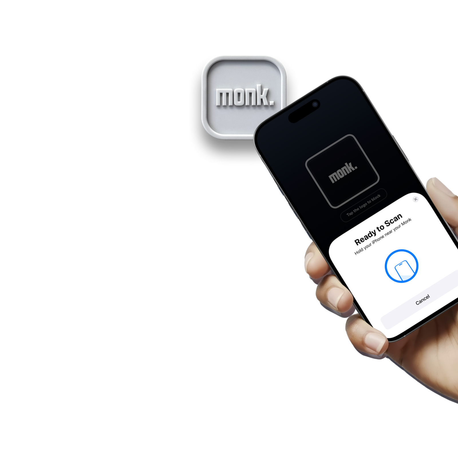 iPhone y el Monk sobre fondo oscuro, apps bloqueadas de noche