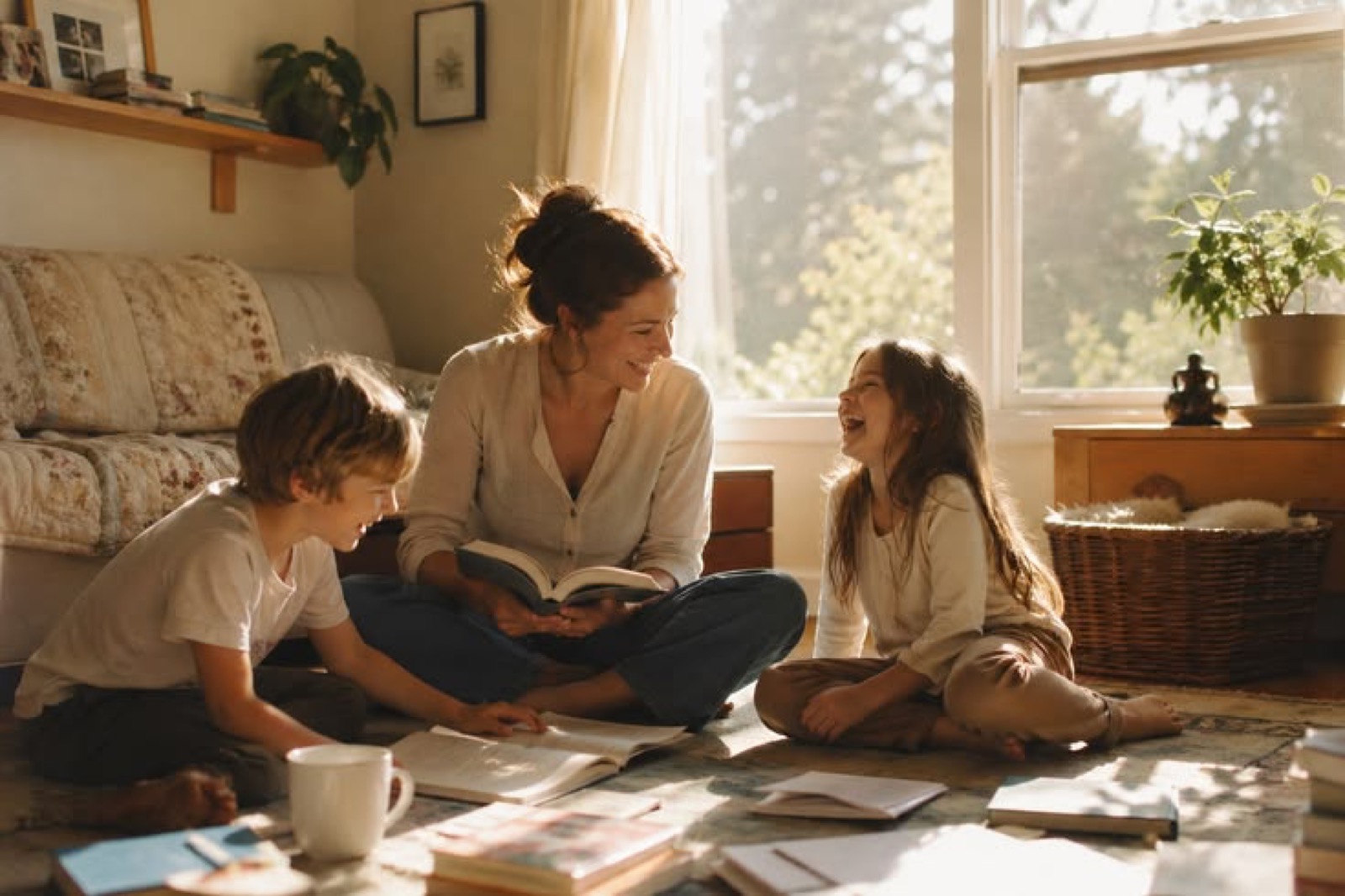 Madre e hijos leyendo y hablando en el salon, acordando normas en familia
